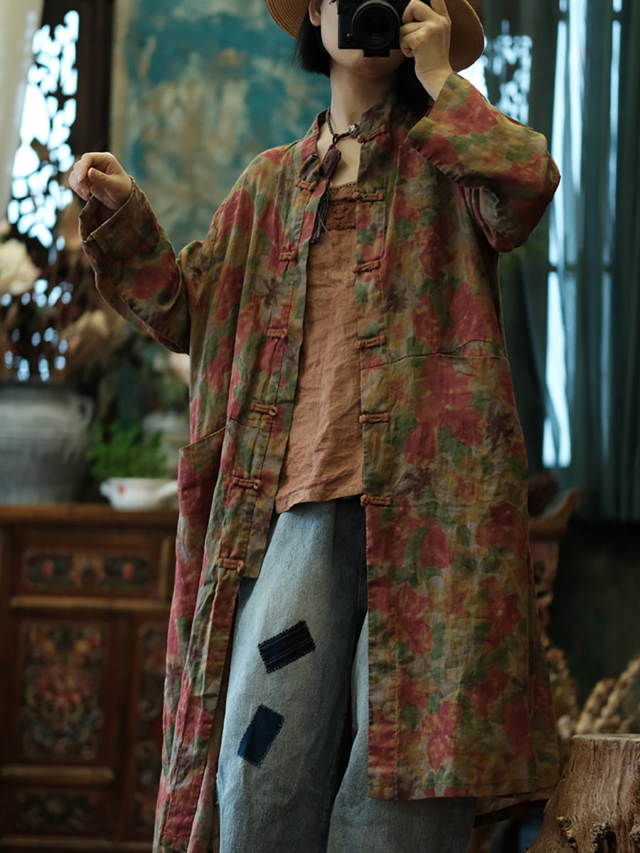 Women Summer Retro Flower Button-up Long Ramie Shirt FG1041 Ada Fashion