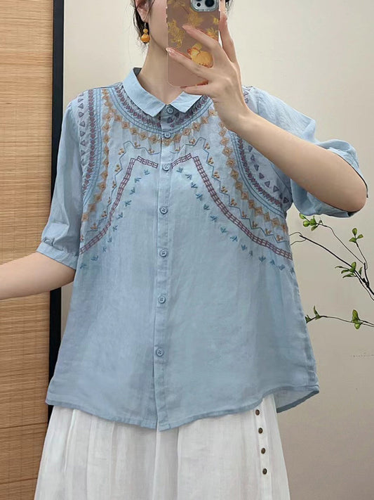 Women Summer Ethnic Embroidery Button-up Shirt FG1042 Ada Fashion