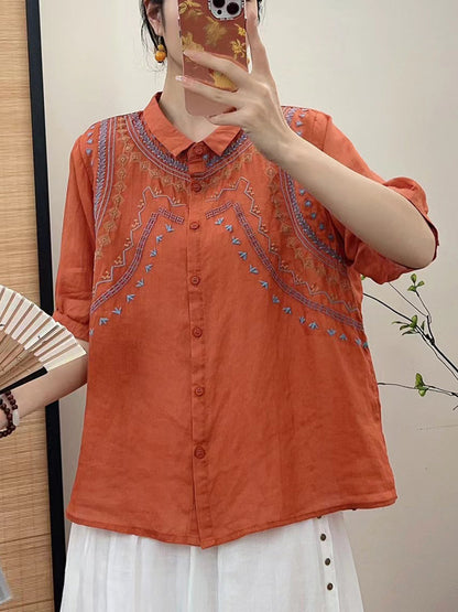 Women Summer Ethnic Embroidery Button-up Shirt FG1042 Ada Fashion