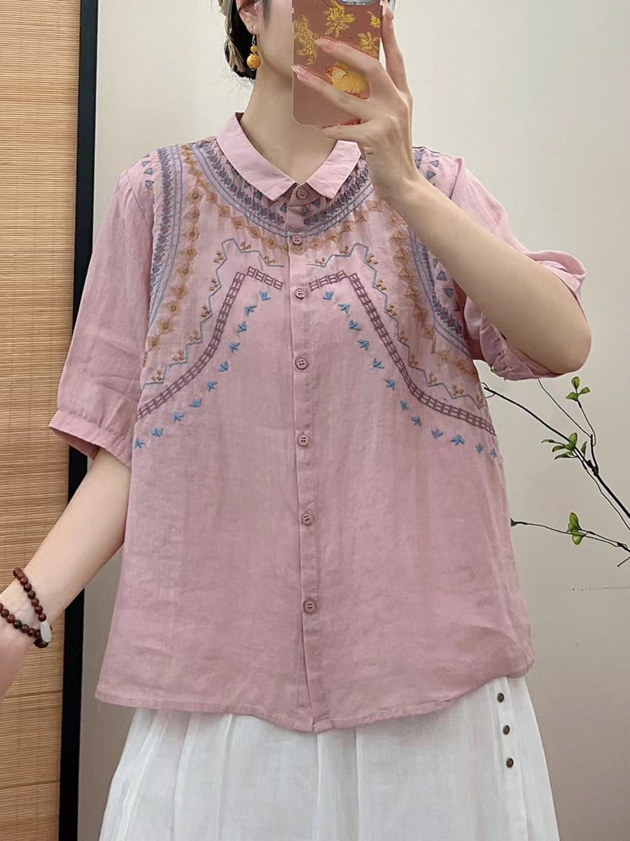 Women Summer Ethnic Embroidery Button-up Shirt FG1042 Ada Fashion