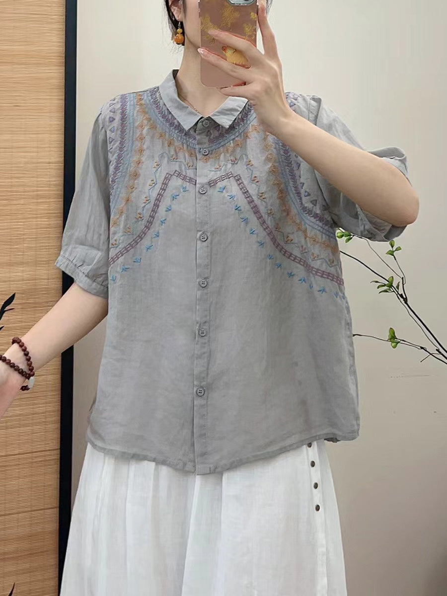 Women Summer Ethnic Embroidery Button-up Shirt FG1042 Ada Fashion