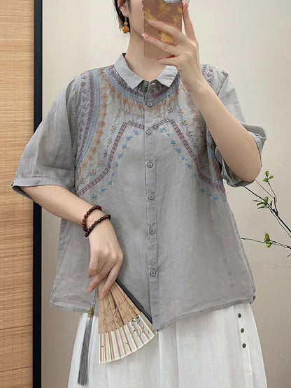 Women Summer Ethnic Embroidery Button-up Shirt FG1042 Ada Fashion