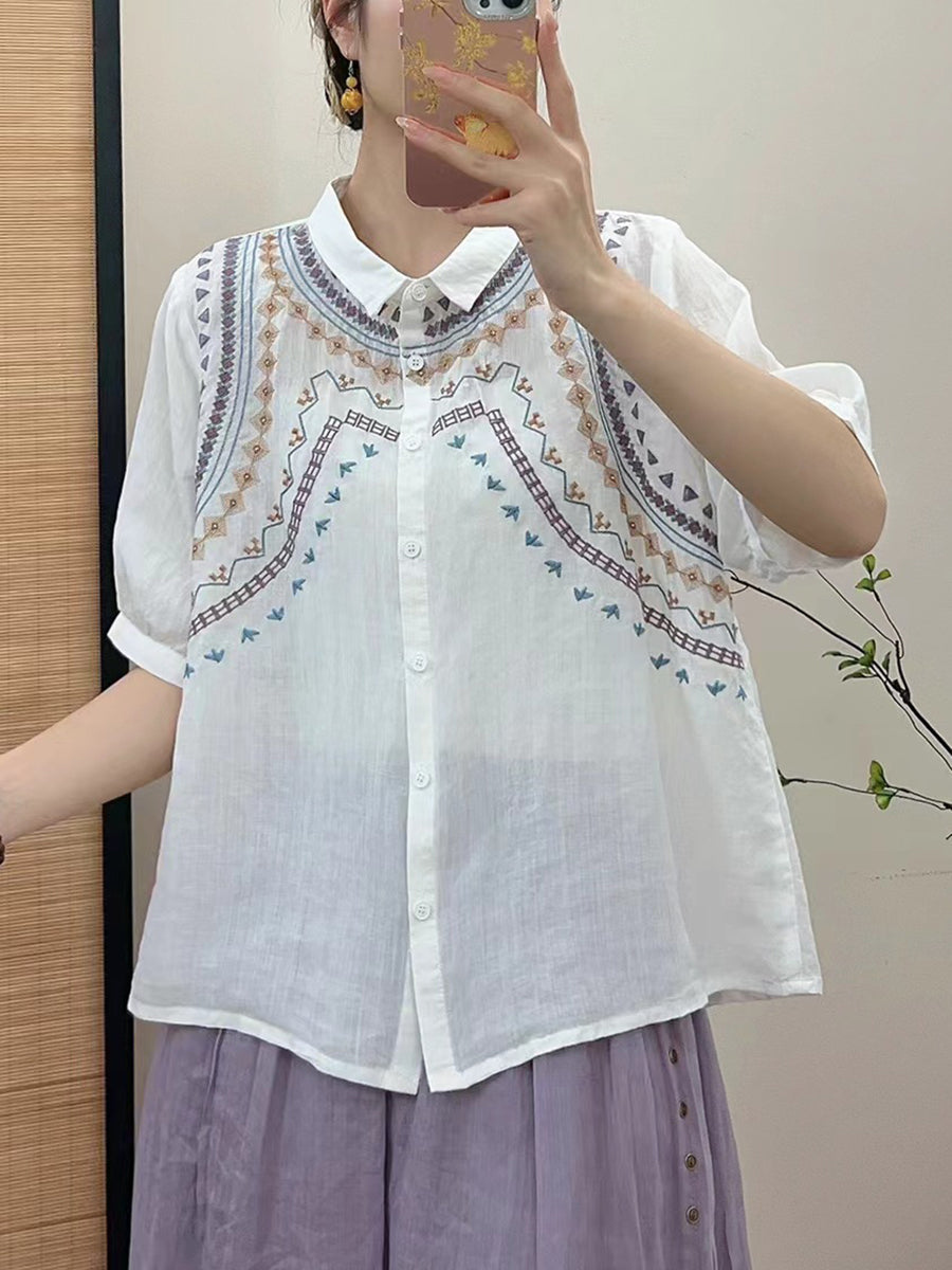 Women Summer Ethnic Embroidery Button-up Shirt FG1042 Ada Fashion