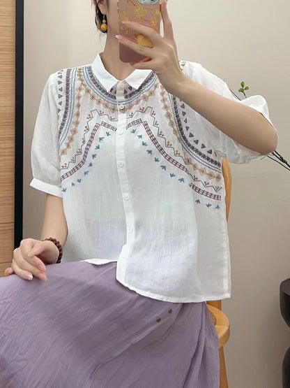 Women Summer Ethnic Embroidery Button-up Shirt FG1042 Ada Fashion