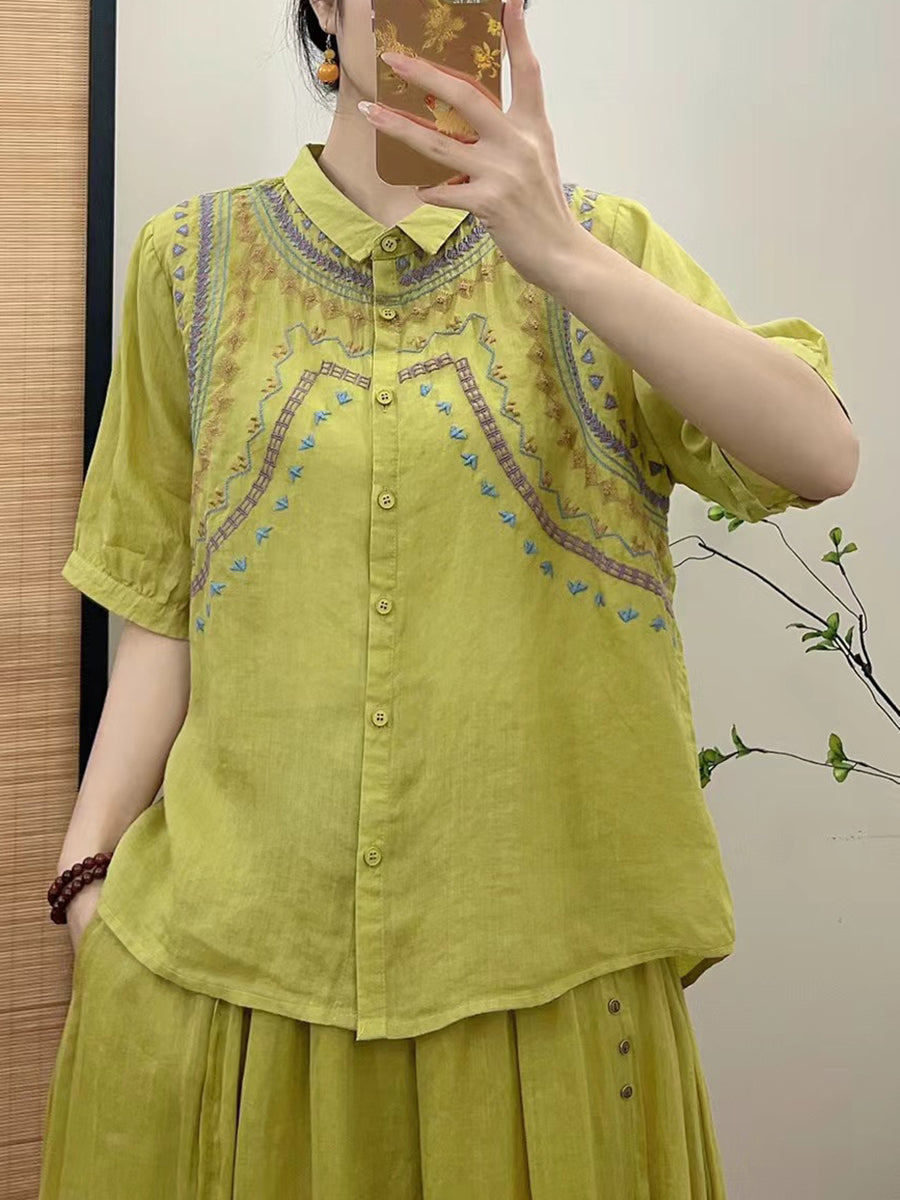 Women Summer Ethnic Embroidery Button-up Shirt FG1042 Ada Fashion