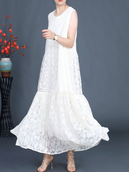 Women Artsy Summer Lace Embroidery Dual-layer Vest Dress ZZ1024 Ada Fashion
