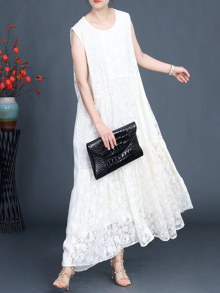 Women Artsy Summer Lace Embroidery Dual-layer Vest Dress ZZ1024 Ada Fashion