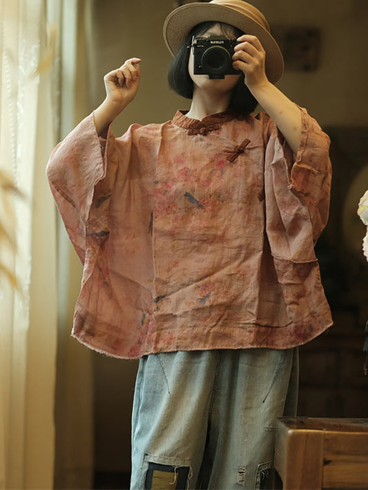 Women Summer Vintage Floral Spliced Ramie Shirt ZZ1017 Ada Fashion