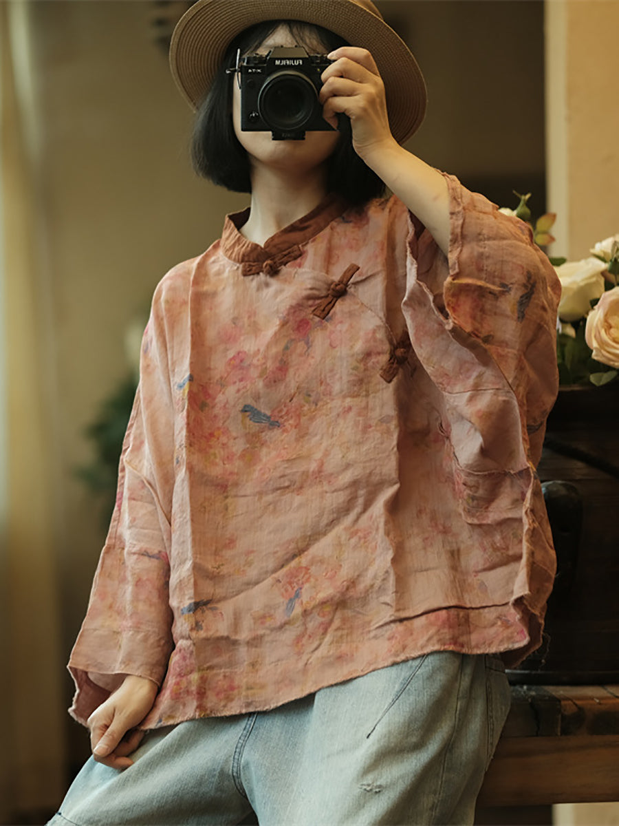 Women Summer Vintage Floral Spliced Ramie Shirt ZZ1017 Ada Fashion