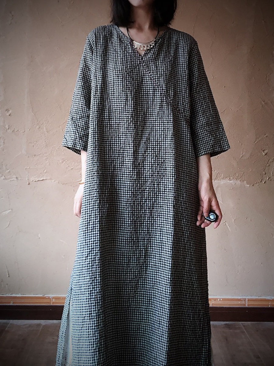 Women Vintage Lattice Summer V-neck Linen Loose Dress ZZ1016 Ada Fashion