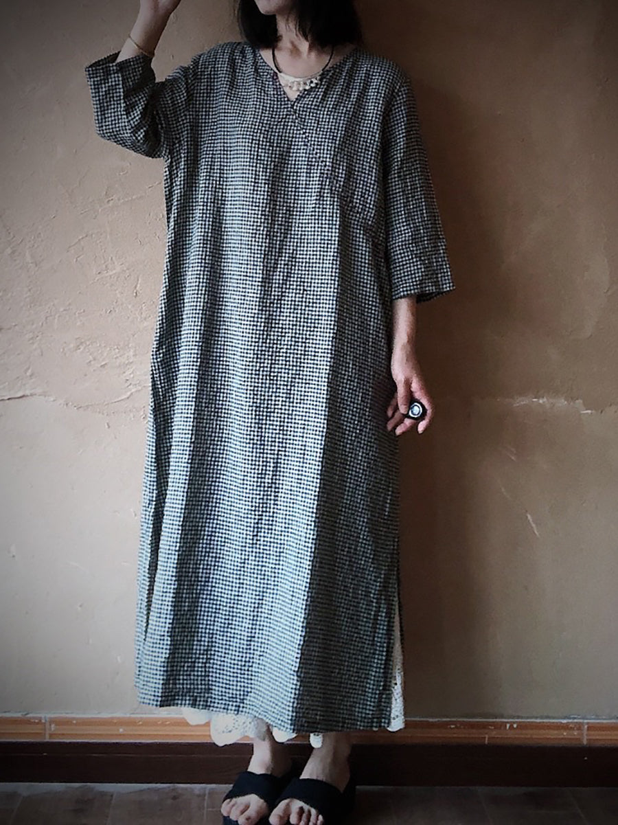 Women Vintage Lattice Summer V-neck Linen Loose Dress ZZ1016 Ada Fashion