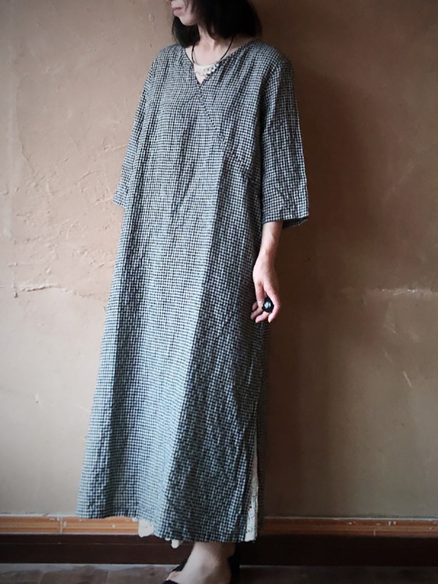 Women Vintage Lattice Summer V-neck Linen Loose Dress ZZ1016 Ada Fashion