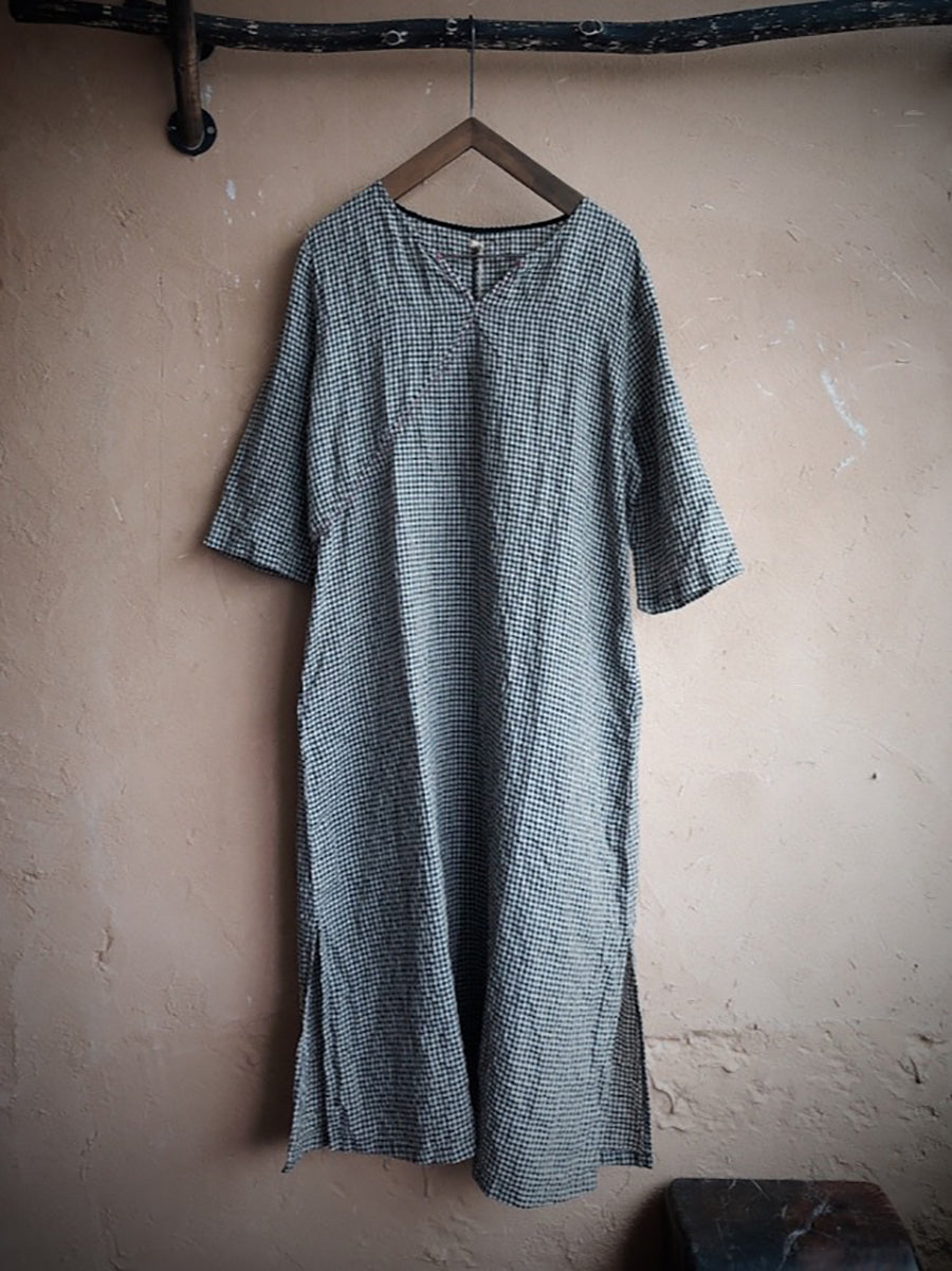 Women Vintage Lattice Summer V-neck Linen Loose Dress ZZ1016 Ada Fashion