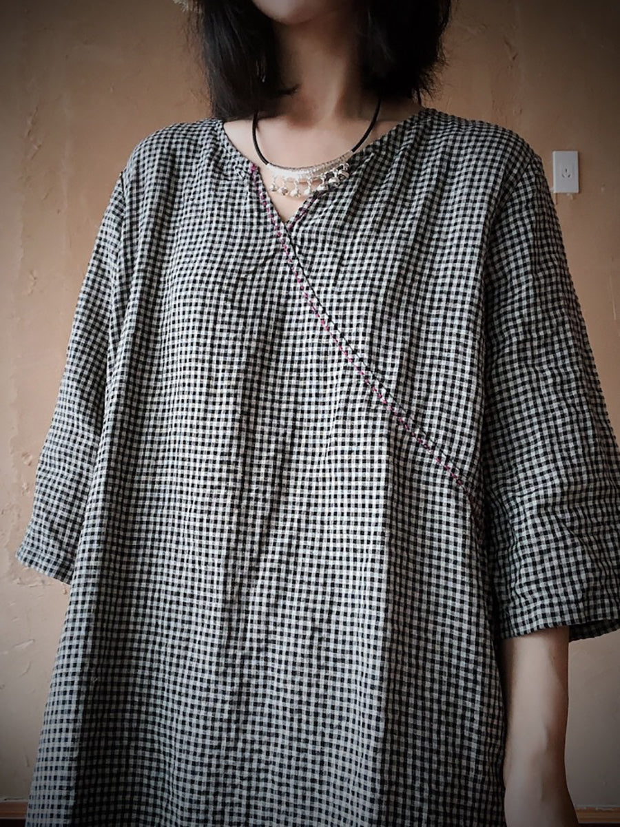 Women Vintage Lattice Summer V-neck Linen Loose Dress ZZ1016 Ada Fashion