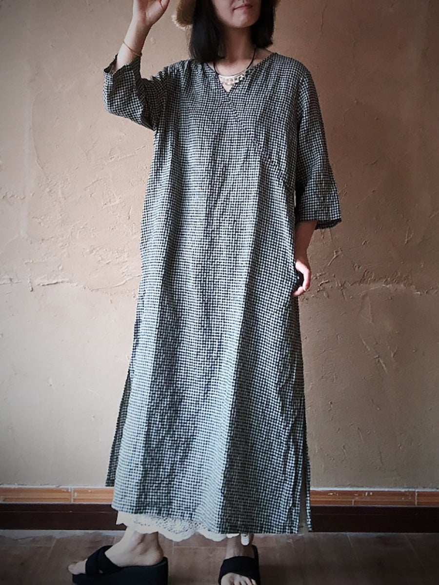 Women Vintage Lattice Summer V-neck Linen Loose Dress ZZ1016 Ada Fashion