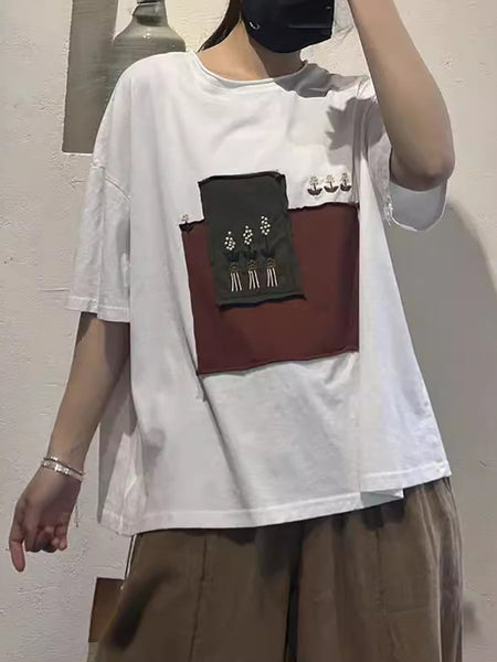 Women Summer Casual Spliced Loose Cotton Shirt ZZ1015 Ada Fashion