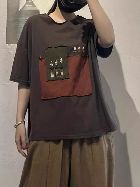 Women Summer Casual Spliced Loose Cotton Shirt ZZ1015 Ada Fashion