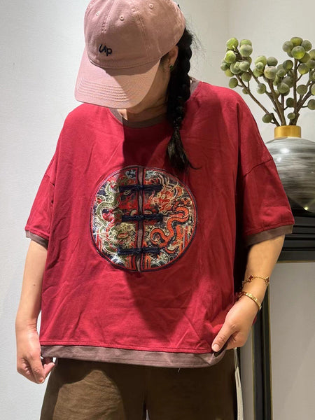 Women Ethnic Dragon Embroidery Colorblock Cotton Shirt ZZ1014 Ada Fashion