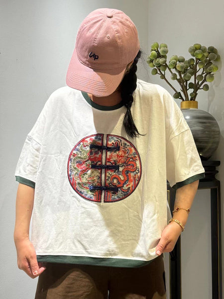 Women Ethnic Dragon Embroidery Colorblock Cotton Shirt ZZ1014 Ada Fashion