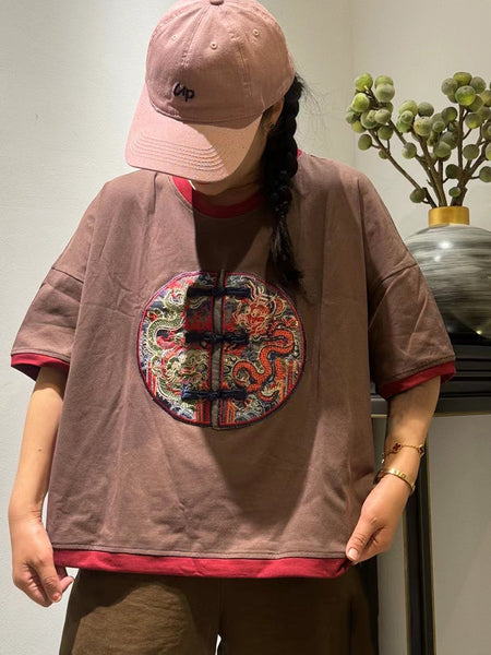 Women Ethnic Dragon Embroidery Colorblock Cotton Shirt ZZ1014 Ada Fashion