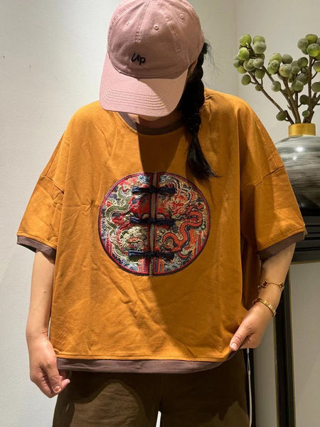 Women Ethnic Dragon Embroidery Colorblock Cotton Shirt ZZ1014 Ada Fashion