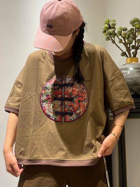 Women Ethnic Dragon Embroidery Colorblock Cotton Shirt ZZ1014 Ada Fashion