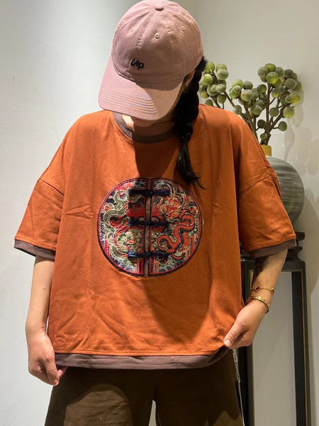 Women Ethnic Dragon Embroidery Colorblock Cotton Shirt ZZ1014 Ada Fashion