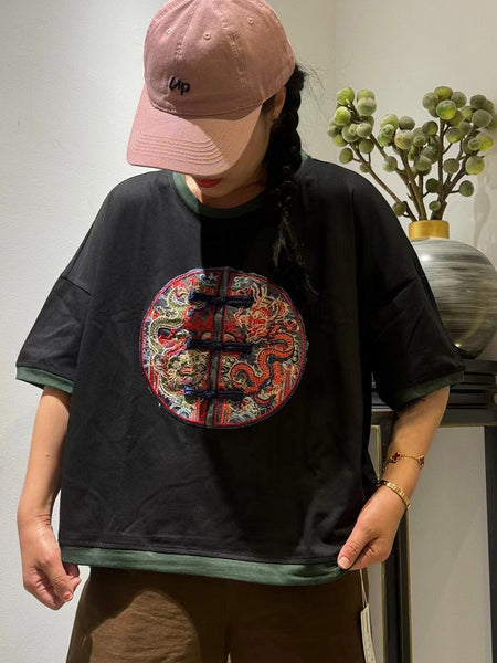 Women Ethnic Dragon Embroidery Colorblock Cotton Shirt ZZ1014 Ada Fashion