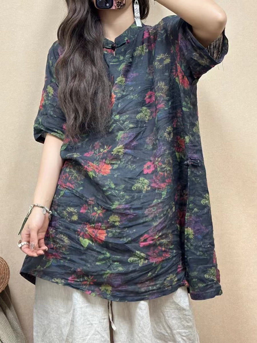 Women Summer Vintage Flower Linen Long Shirt ZZ1020 Ada Fashion