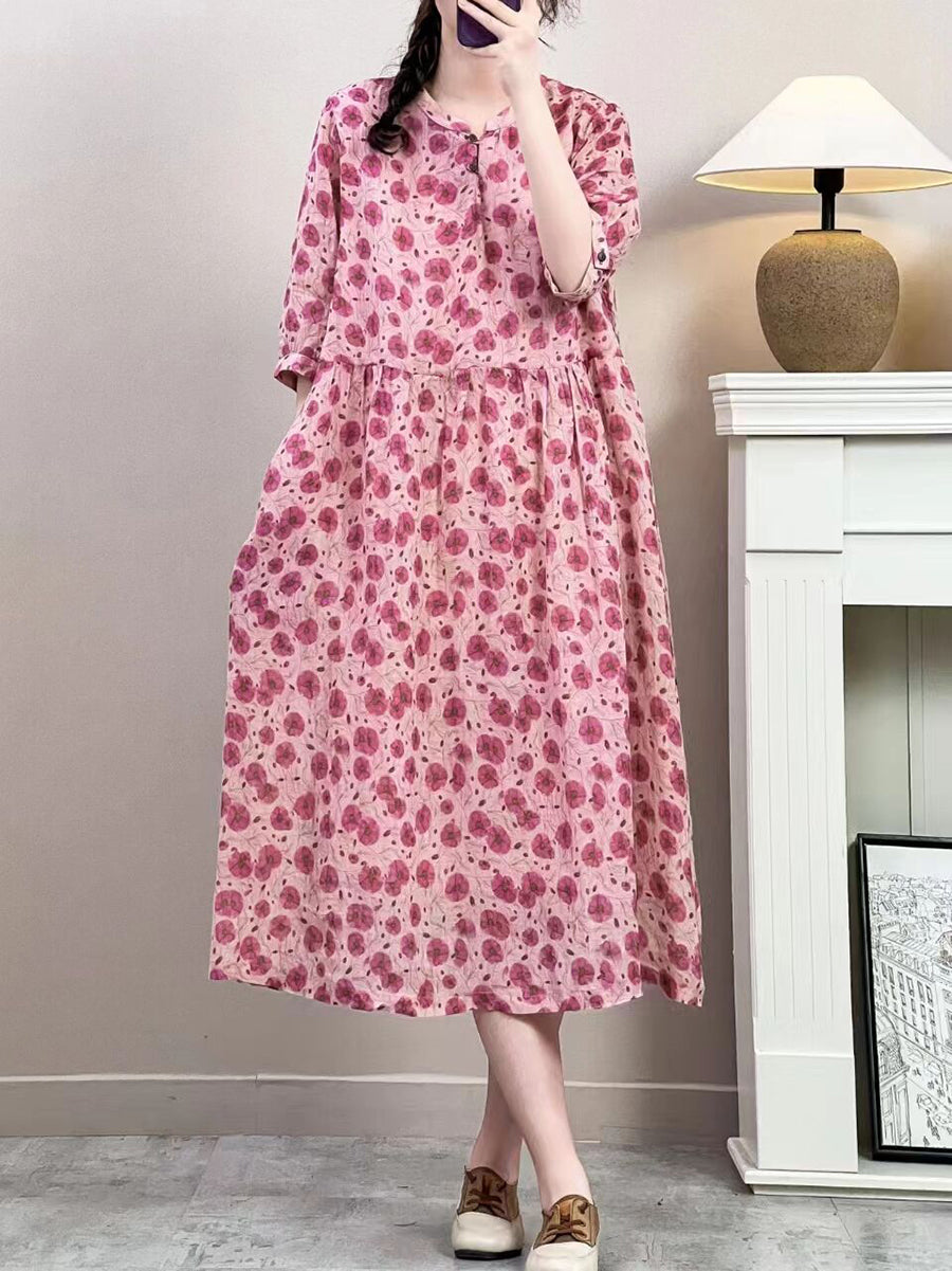 Women Summer Vintage Floral Ramie Loose Dress ZZ1019 Ada Fashion