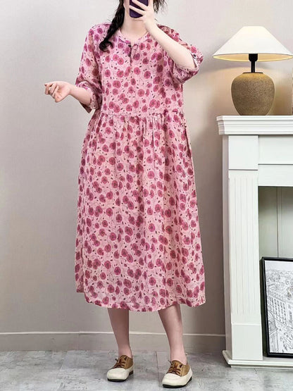 Women Summer Vintage Floral Ramie Loose Dress ZZ1019 Ada Fashion