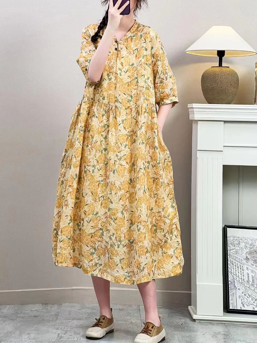 Women Summer Vintage Floral Ramie Loose Dress ZZ1019 Ada Fashion