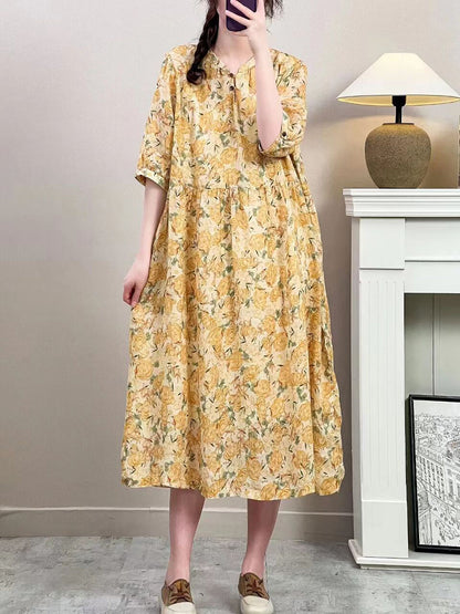 Women Summer Vintage Floral Ramie Loose Dress ZZ1019 Ada Fashion