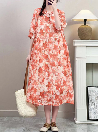 Women Summer Vintage Floral Ramie Loose Dress ZZ1019 Ada Fashion