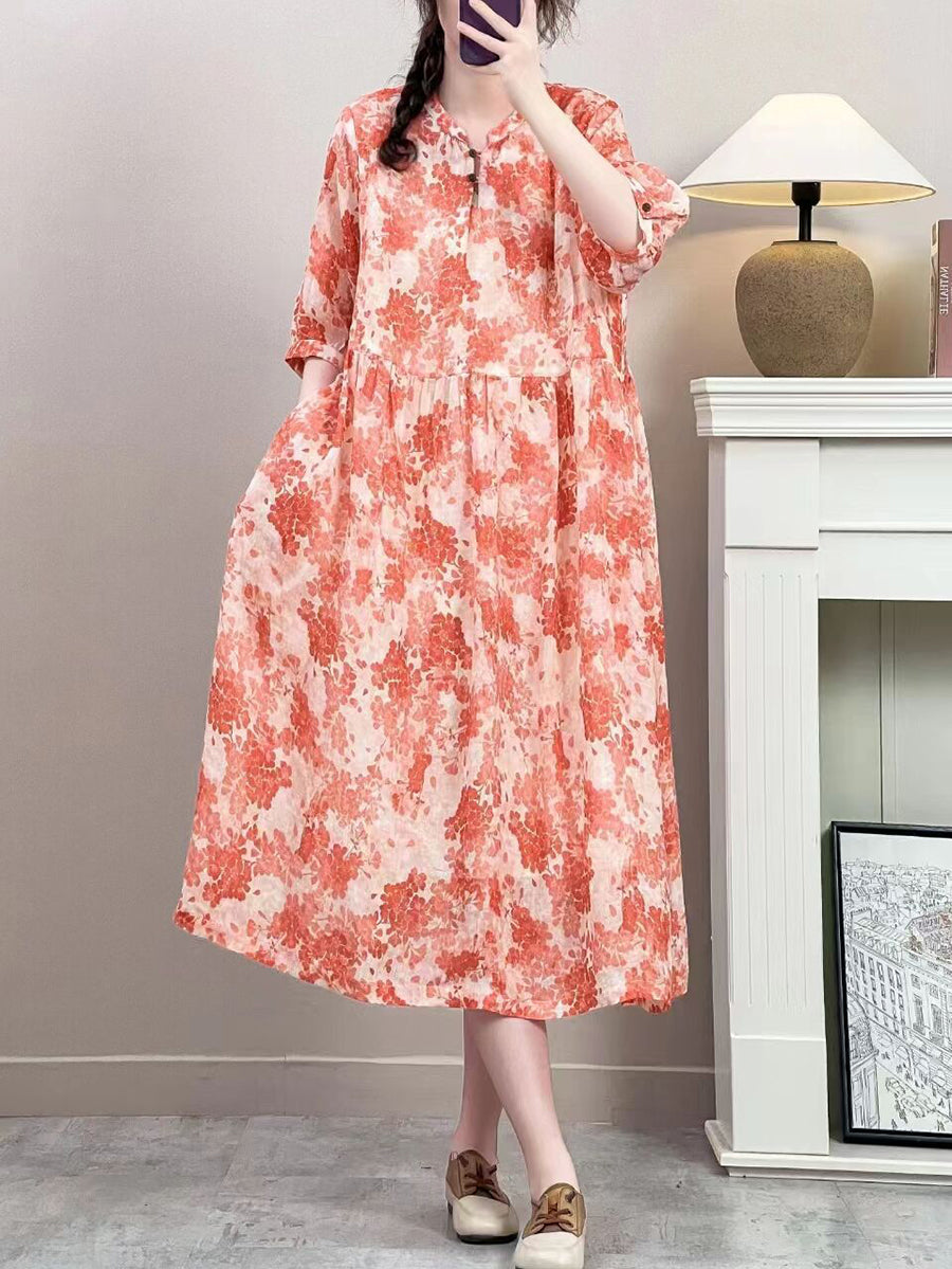 Women Summer Vintage Floral Ramie Loose Dress ZZ1019 Ada Fashion