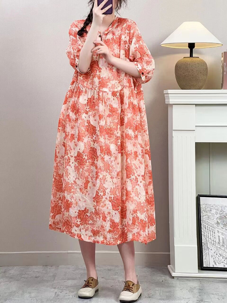 Women Summer Vintage Floral Ramie Loose Dress ZZ1019 Ada Fashion