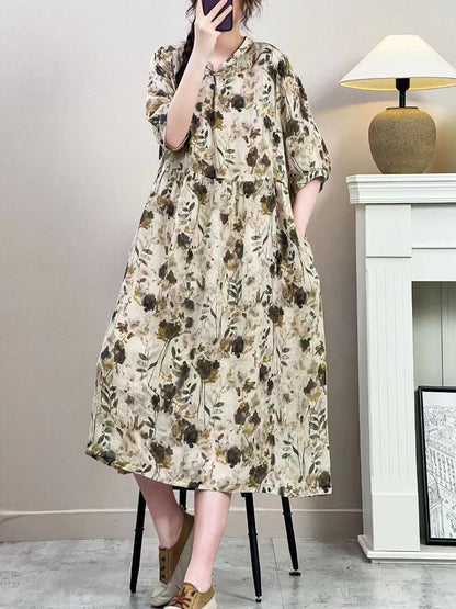 Women Summer Vintage Floral Ramie Loose Dress ZZ1019 Ada Fashion