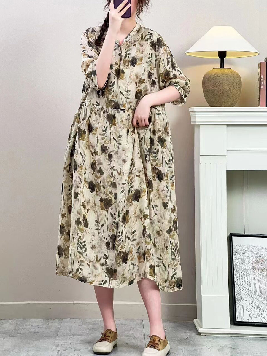 Women Summer Vintage Floral Ramie Loose Dress ZZ1019 Ada Fashion