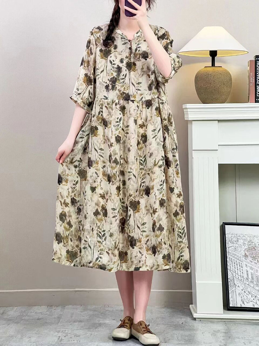 Women Summer Vintage Floral Ramie Loose Dress ZZ1019 Ada Fashion