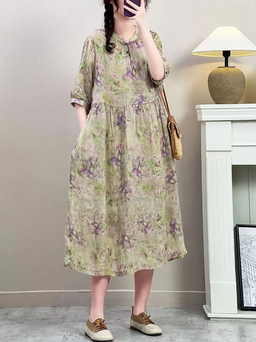 Women Summer Vintage Floral Ramie Loose Dress ZZ1019 Ada Fashion