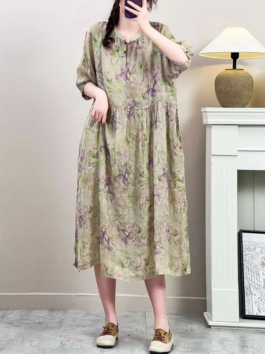 Women Summer Vintage Floral Ramie Loose Dress ZZ1019 Ada Fashion