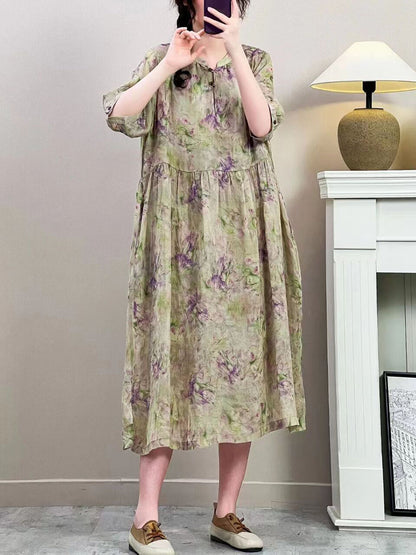 Women Summer Vintage Floral Ramie Loose Dress ZZ1019 Ada Fashion