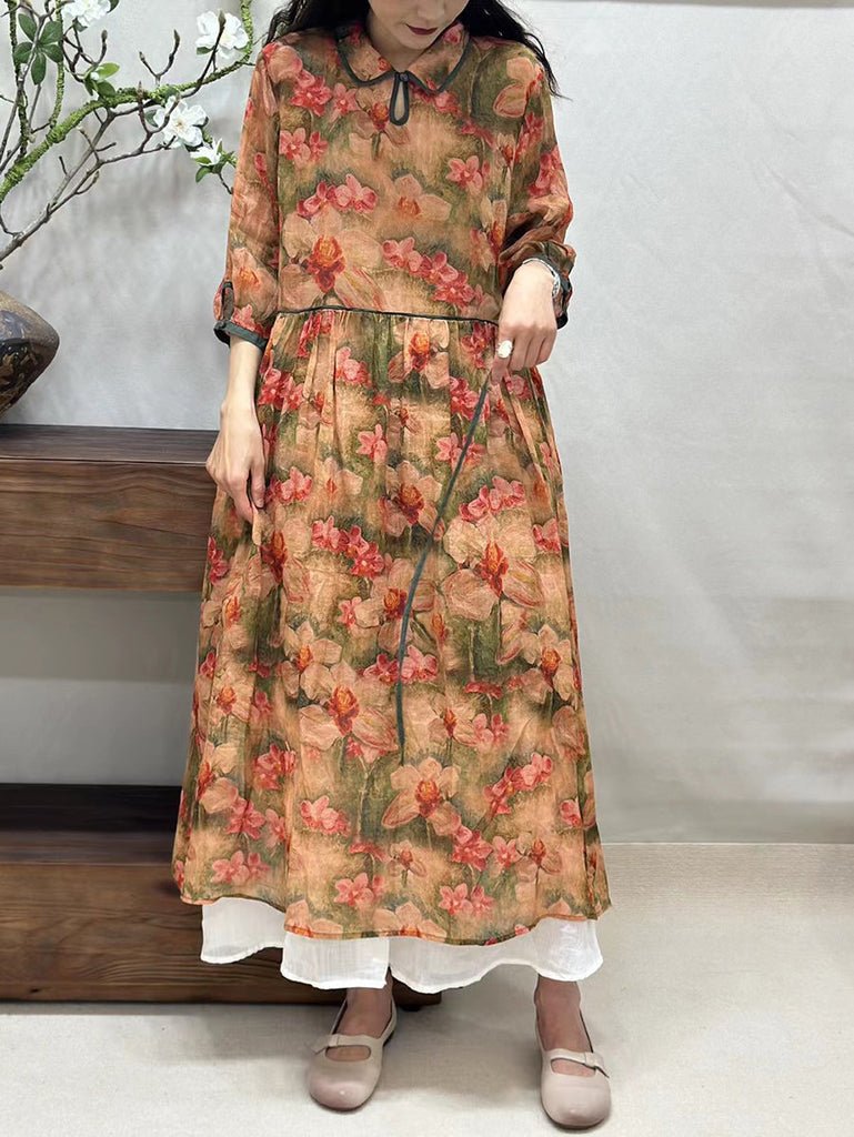 Women Summer Vintage Flower Turn-down Collar Ramie Dress ZZ1022 Ada Fashion