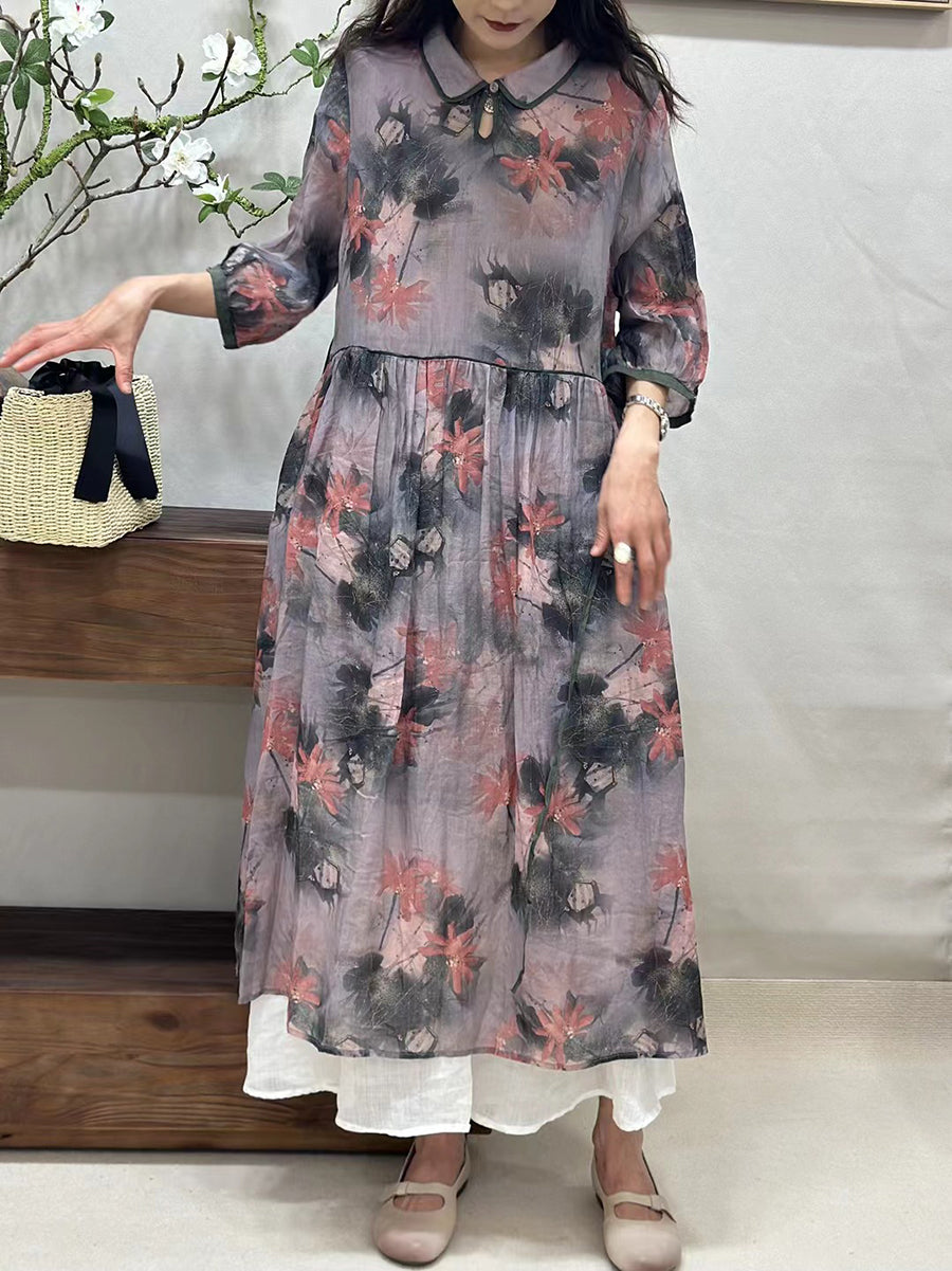 Women Summer Vintage Flower Turn-down Collar Ramie Dress ZZ1022 Ada Fashion