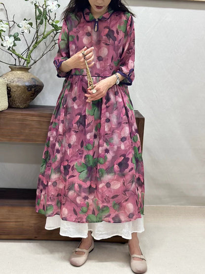 Women Summer Vintage Flower Turn-down Collar Ramie Dress ZZ1022 Ada Fashion