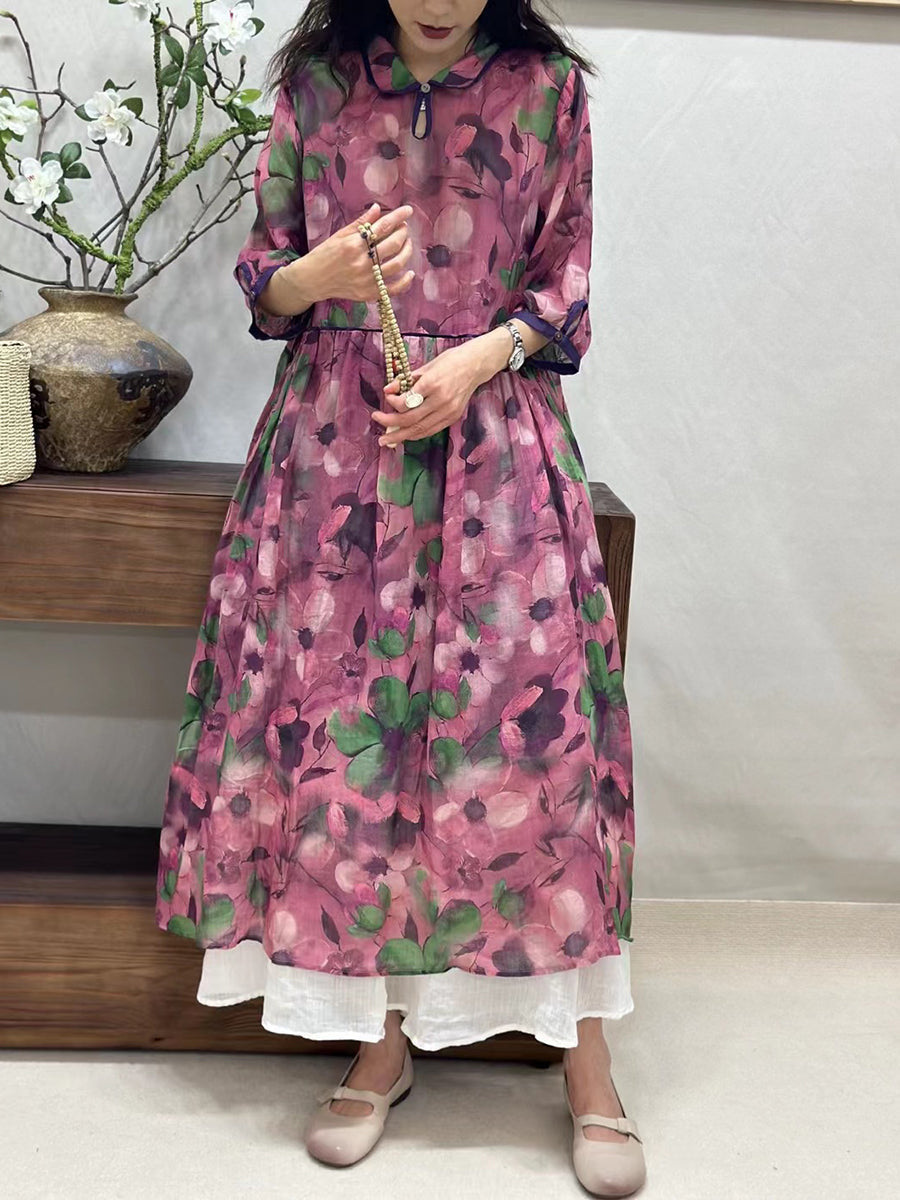 Women Summer Vintage Flower Turn-down Collar Ramie Dress BN1027 Ada Fashion