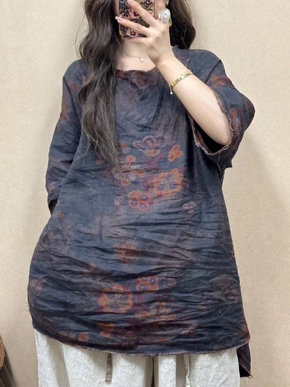 Women Summer Vintage Flower Raw-edge Linen Shirt BN1026 Ada Fashion