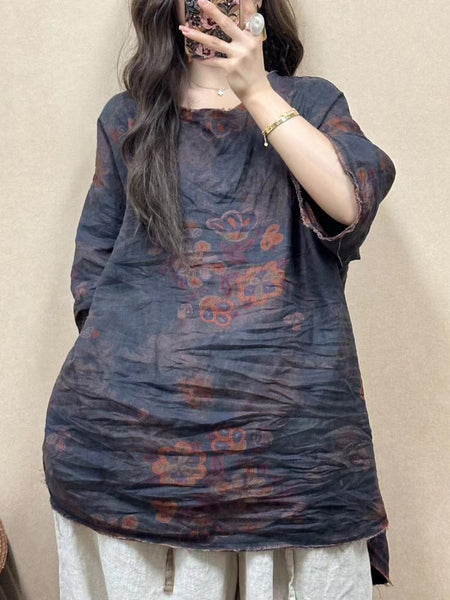 Women Summer Vintage Flower Raw-edge Linen Shirt ZZ1023 Ada Fashion