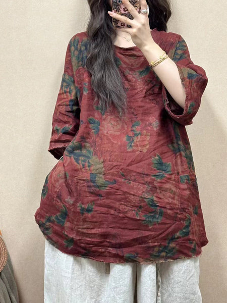 Women Summer Vintage Flower Raw-edge Linen Shirt BN1026 Ada Fashion