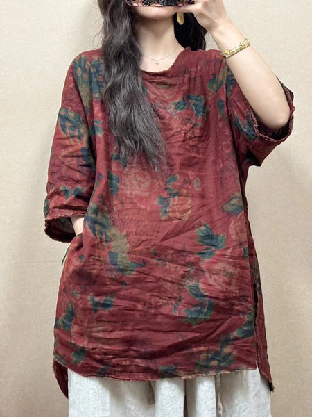 Women Summer Vintage Flower Raw-edge Linen Shirt BN1026 Ada Fashion